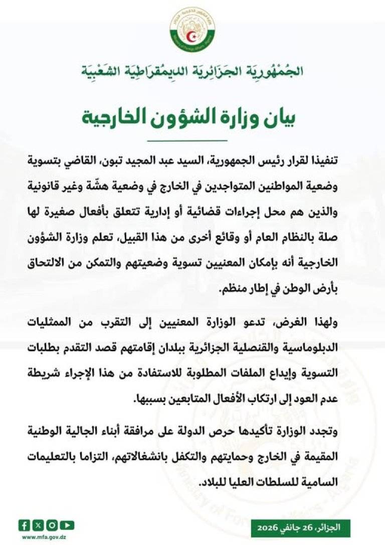 Regularization of the Situation of Algerian Citizens Residing Abroad